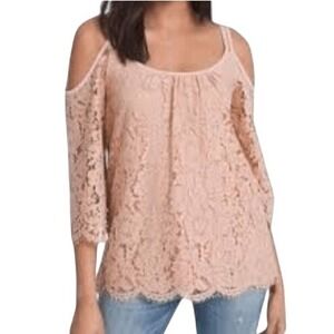 WHITE HOUSE BLACK MARKET Blush Pink Lace‎ Cold Shoulder Fringe Trim Top NWOT XS